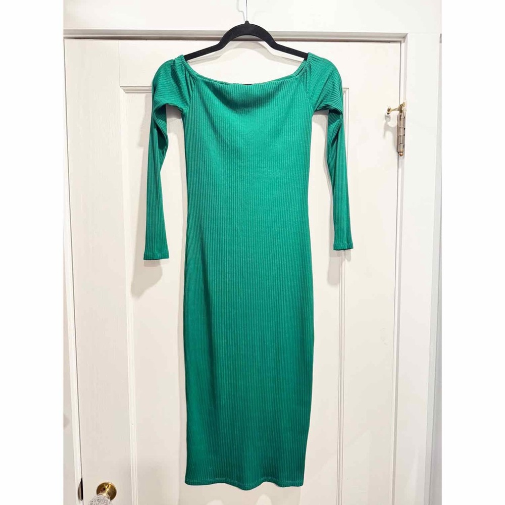 Enza Costa Off Shoulder Ribbed Jersey Midi Dress XS Green‎ Wedding Guest Party - Picture 4 of 13